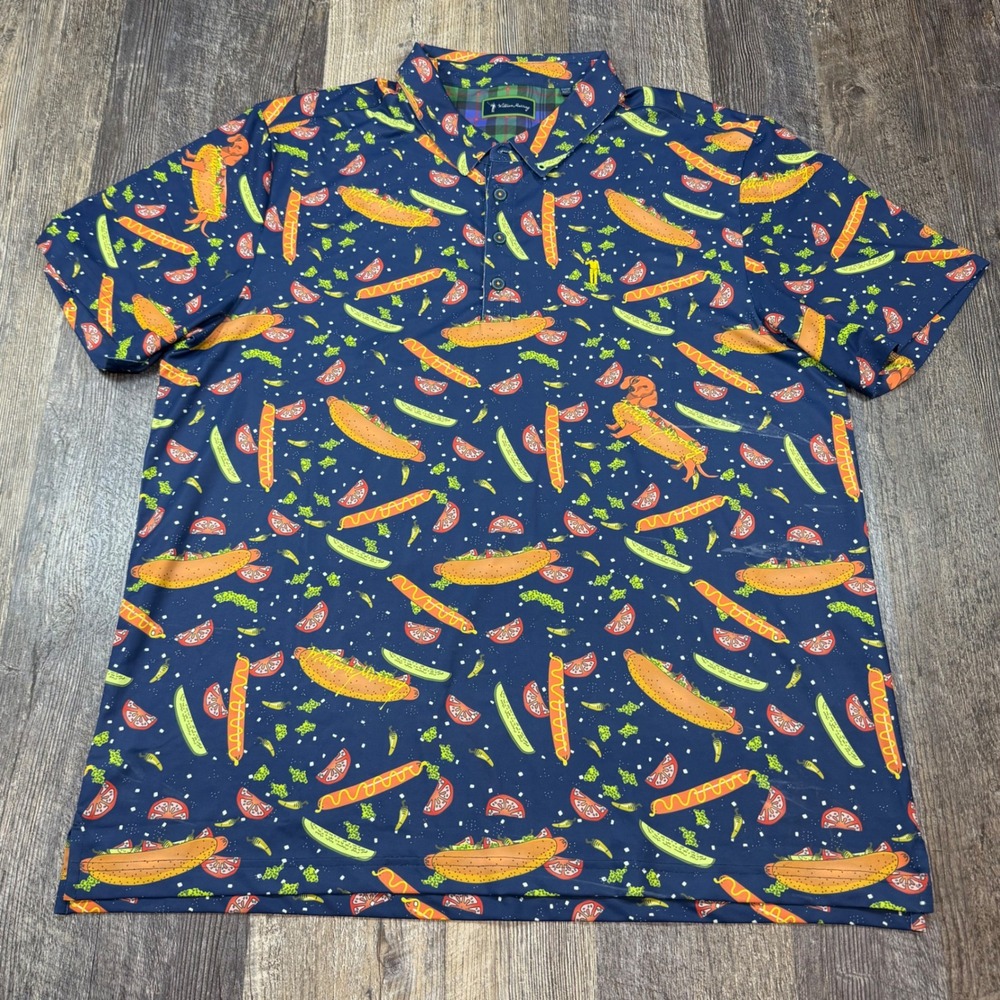 William Murray Golf Mens XL Hot Dog Dachshund Print Performance Polo Navy Blue